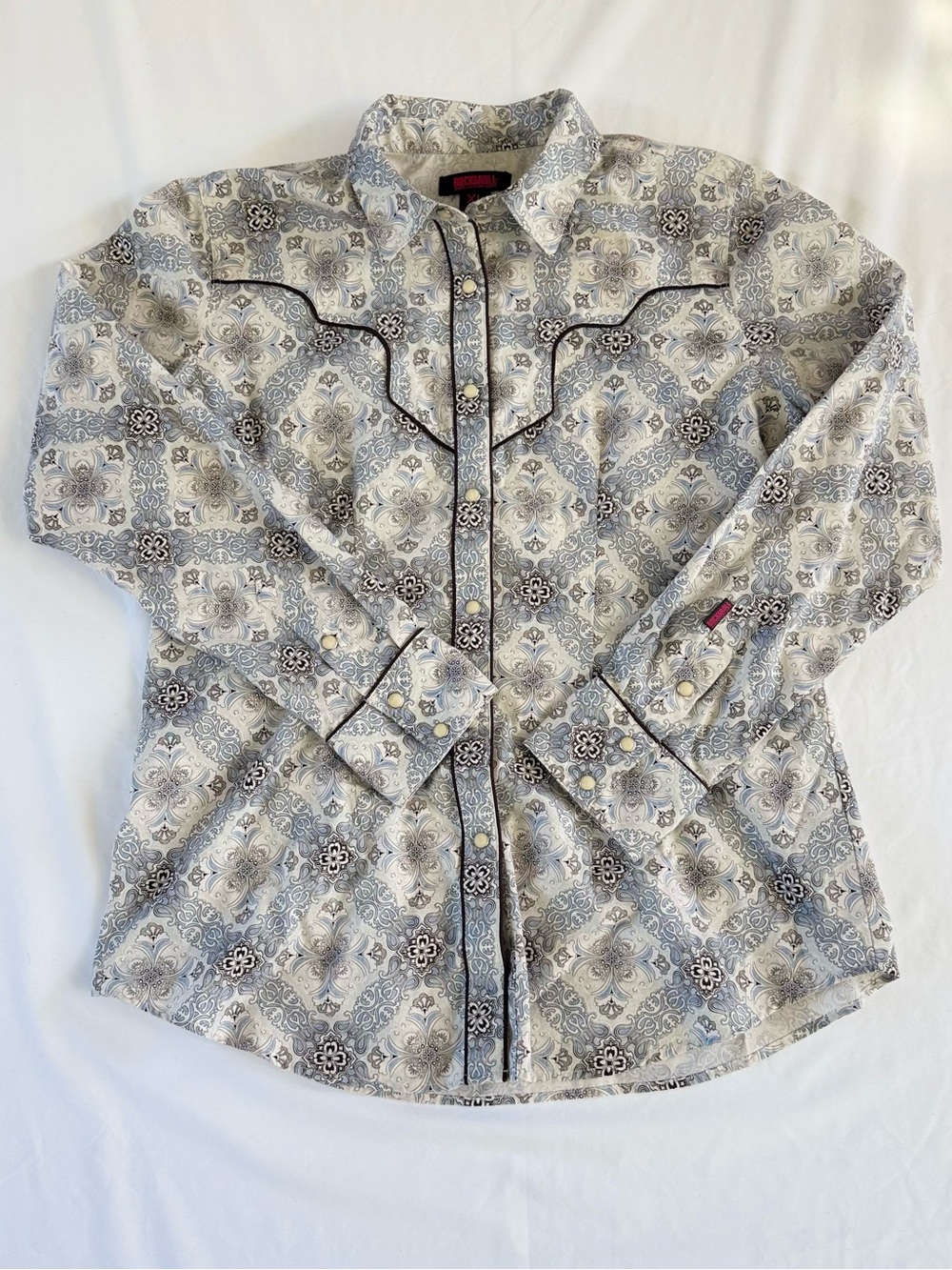 Rock & Roll Denim Western Shirt Womens XL Pearl Snap Blue Medallion Cowgirl Top